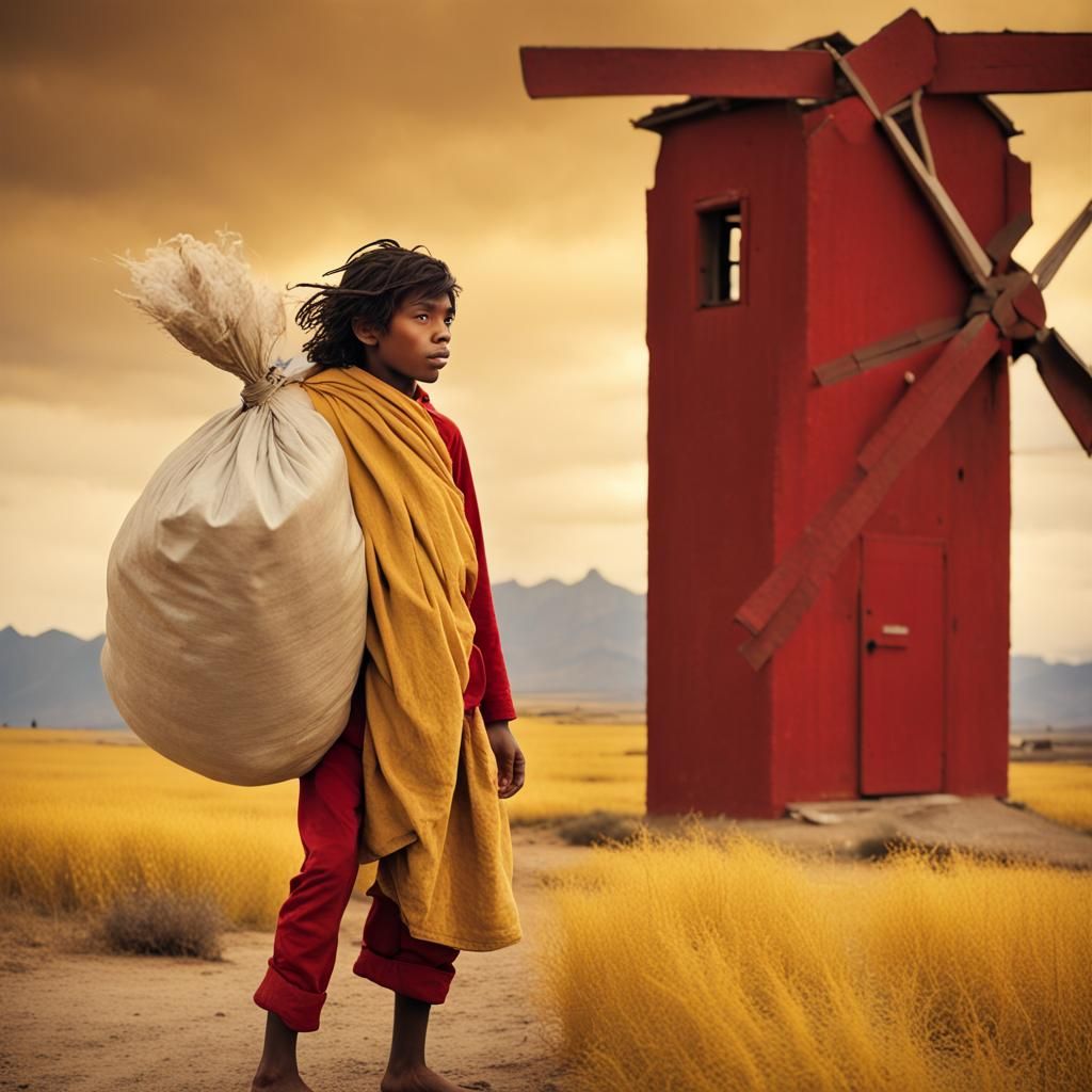 Boy with Flour Sack Near Windmill, Colbert Style