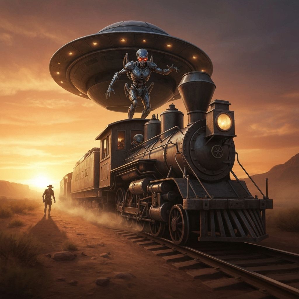 Alien UFO Train Robbery at Desert Sunset