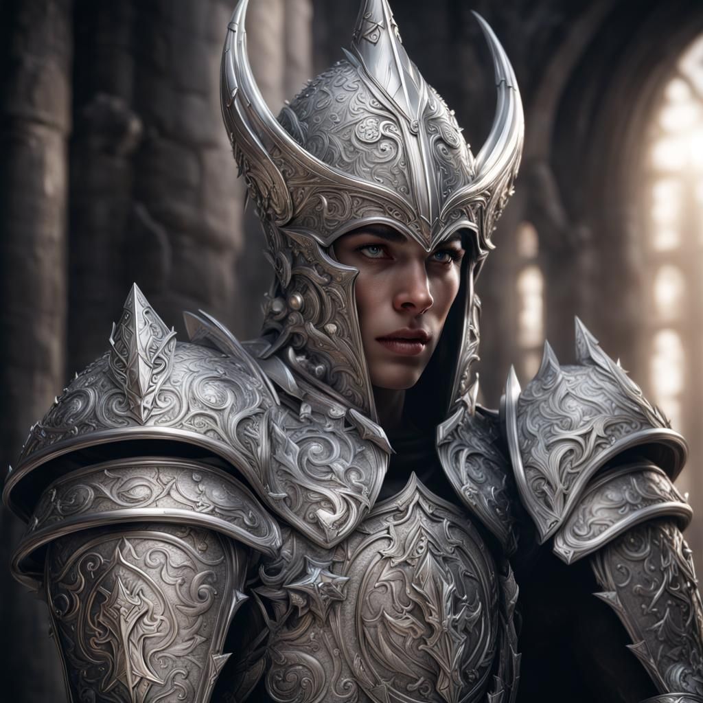 Silver Elf Lord with Diamond Helm, Hyperrealistic