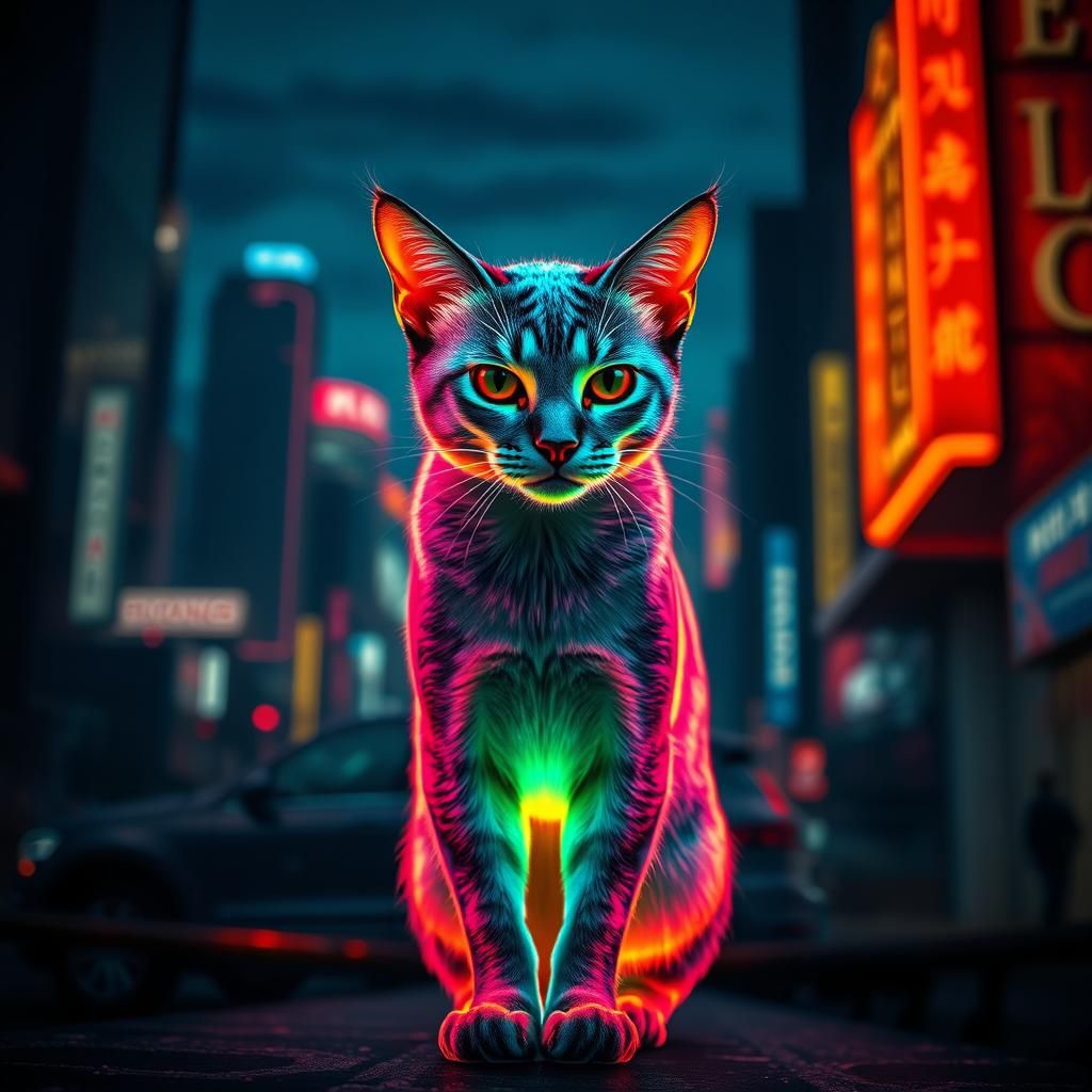 Sleek Neon Cat in a Futuristic Cityscape