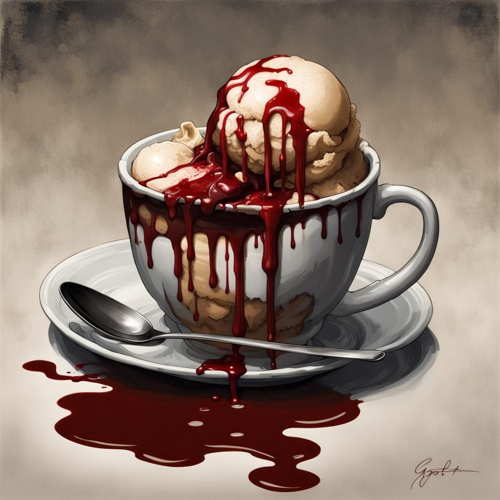 Horror Affogato with Dripping Liquid, Etching Style