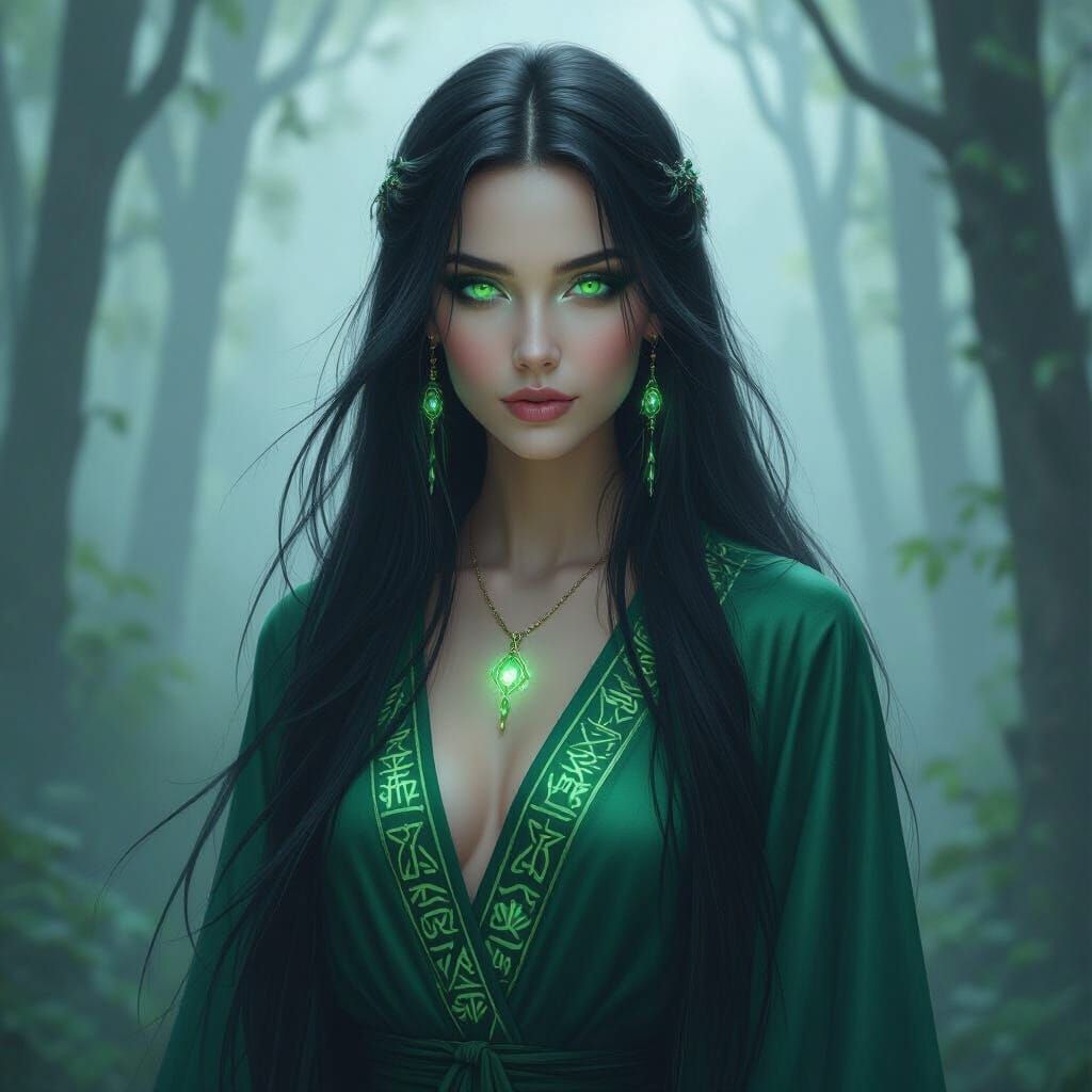 Mystical Woman in Misty Forest: Digital Painting