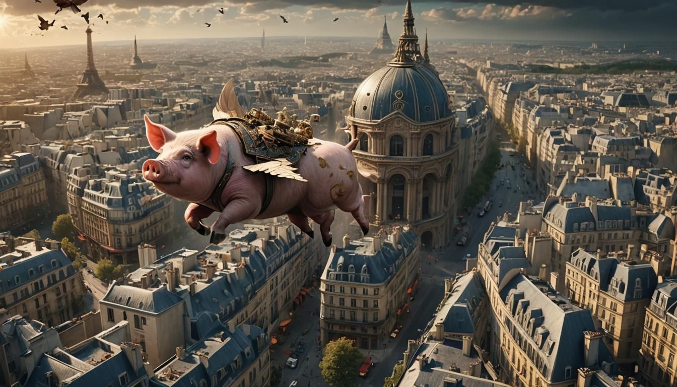 Pig Flies Over Paris: Epic Digital Painting