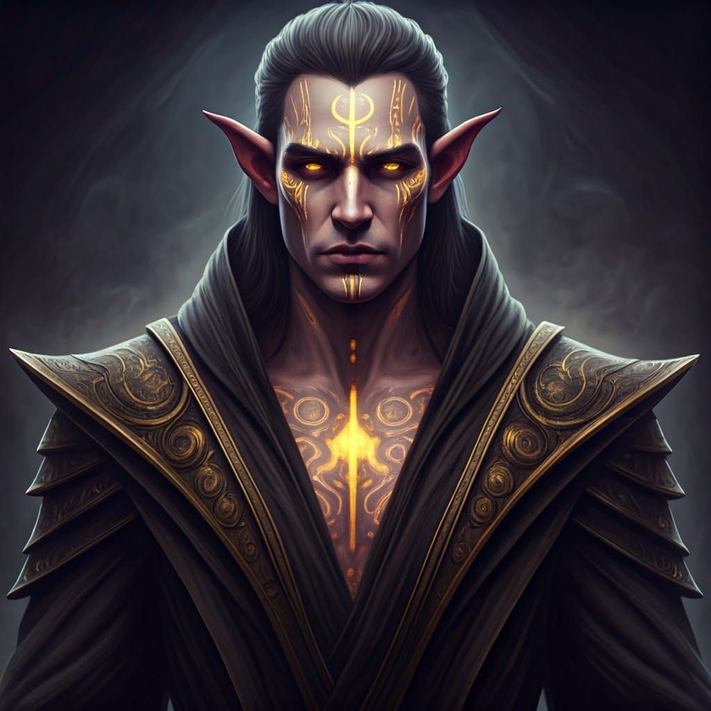 Ethereal Elf with Glowing Tattoos and Dark Robes