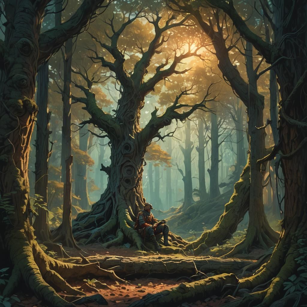 Weary Soldier Rests on Ancient Tree Roots in Vibrant Fantasy...