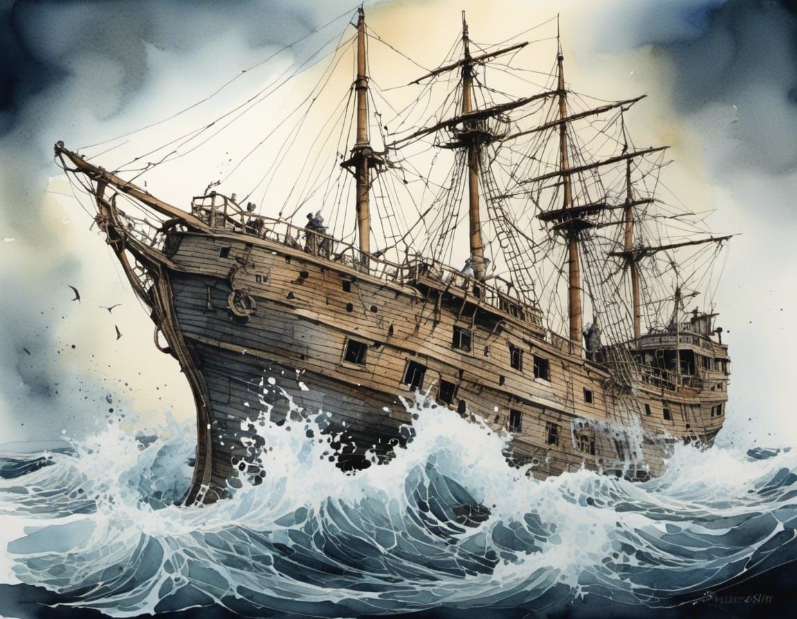 Watercolor Ghost Ship: Hyperdetailed and Delicate