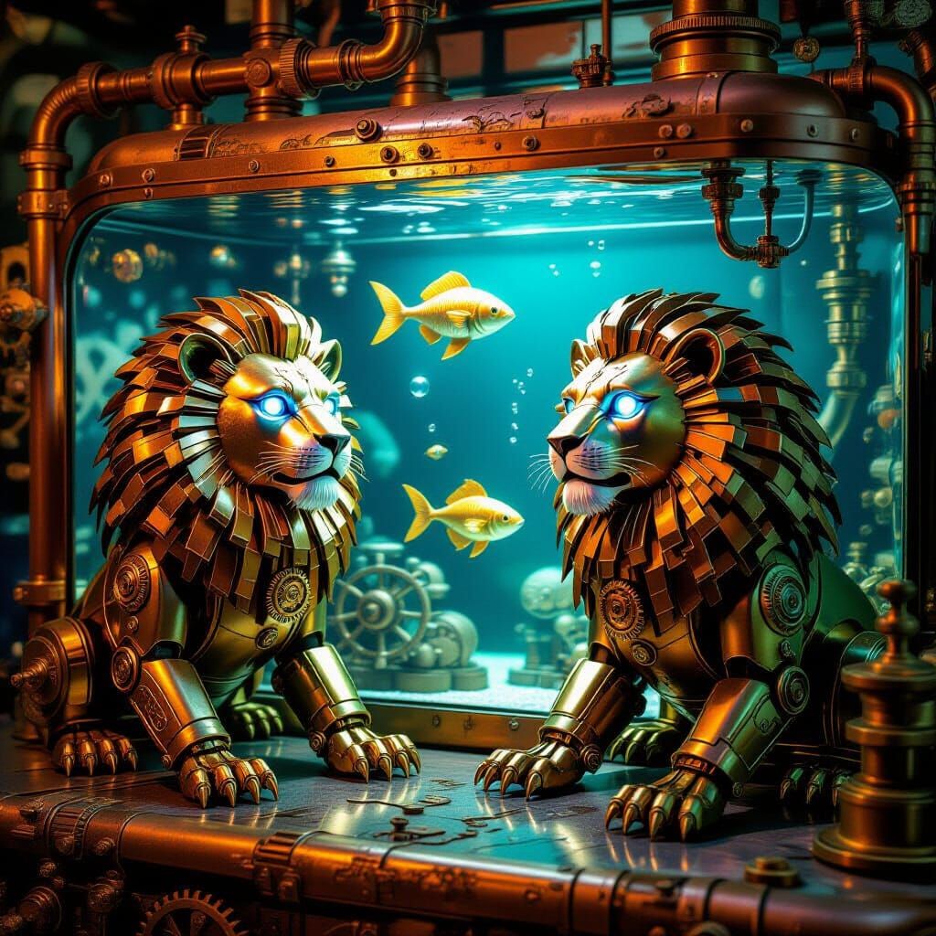 Steampunk Lions Guarding an Underwater Mechanical World
