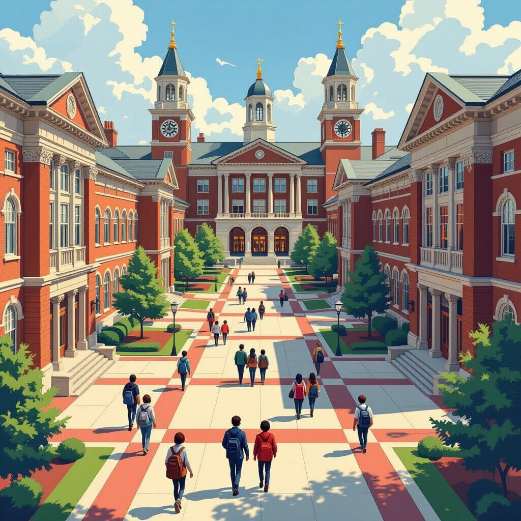 Vibrant Academic Campus Scene with Futuristic Architecture