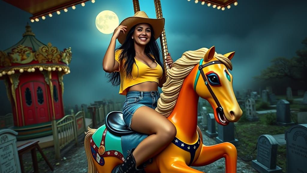 Woman on Carousel in Abandoned Cemetery