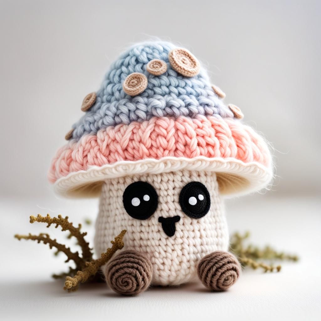 "Realistic knitted crochet amigurumi woolly mushroom house w...