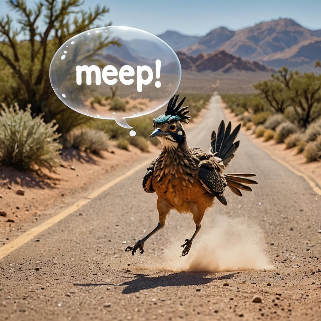 Photorealistic Roadrunner with "Meep!" Chat Bubble