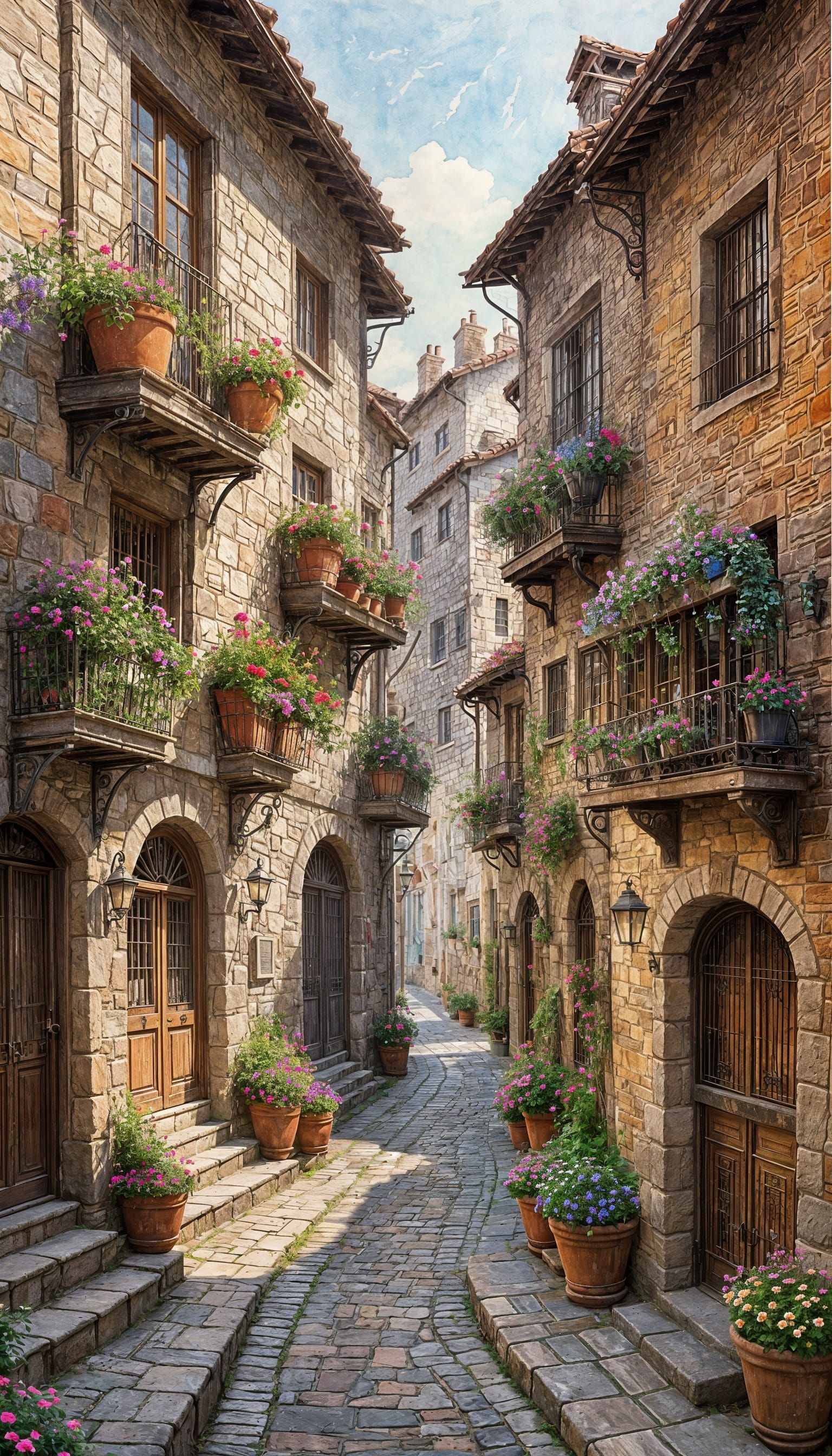 Whimsical Old Town Street in Earthy Oil Painting Style