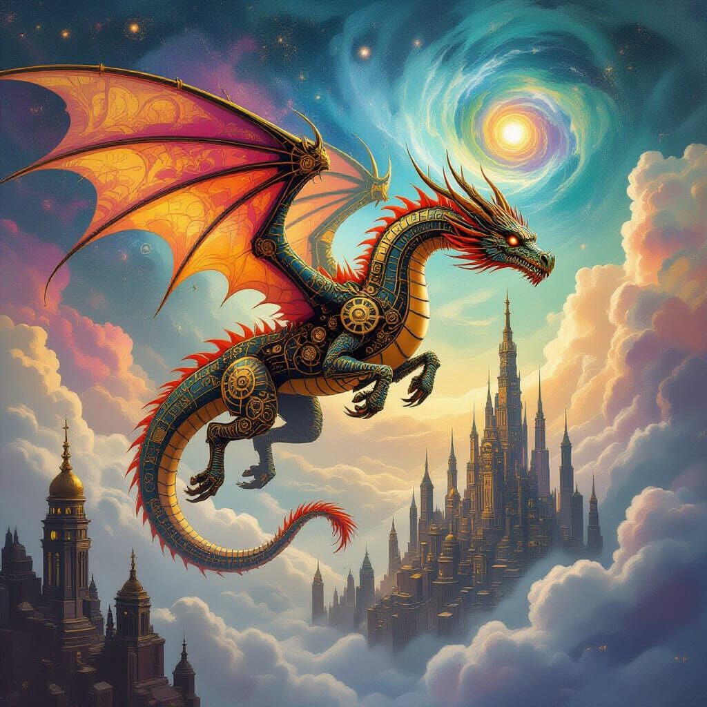 Majestic Clockwork Dragon Soars Through Cosmic Cityscape