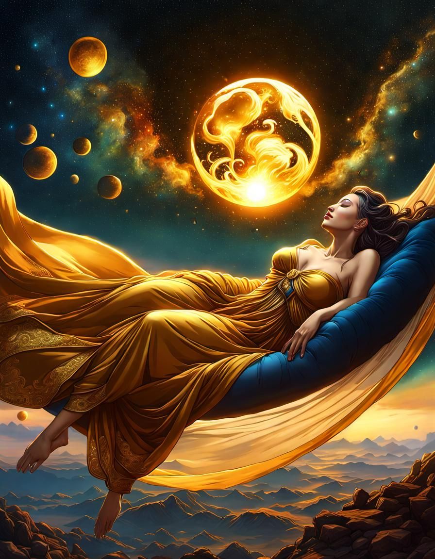 Dreaming Woman in Golden Light: Fantasy Concept Art