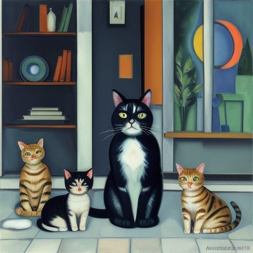 Cat Photographer in Style of Modigliani and Chagall