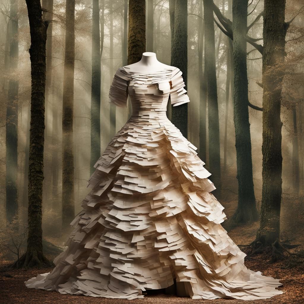Fine Art Paper Collage : Tiered Ripped Paper Ball Gown : Arboreal Forest Color Palette : Long Flowing Sleeves : 3d Sha...