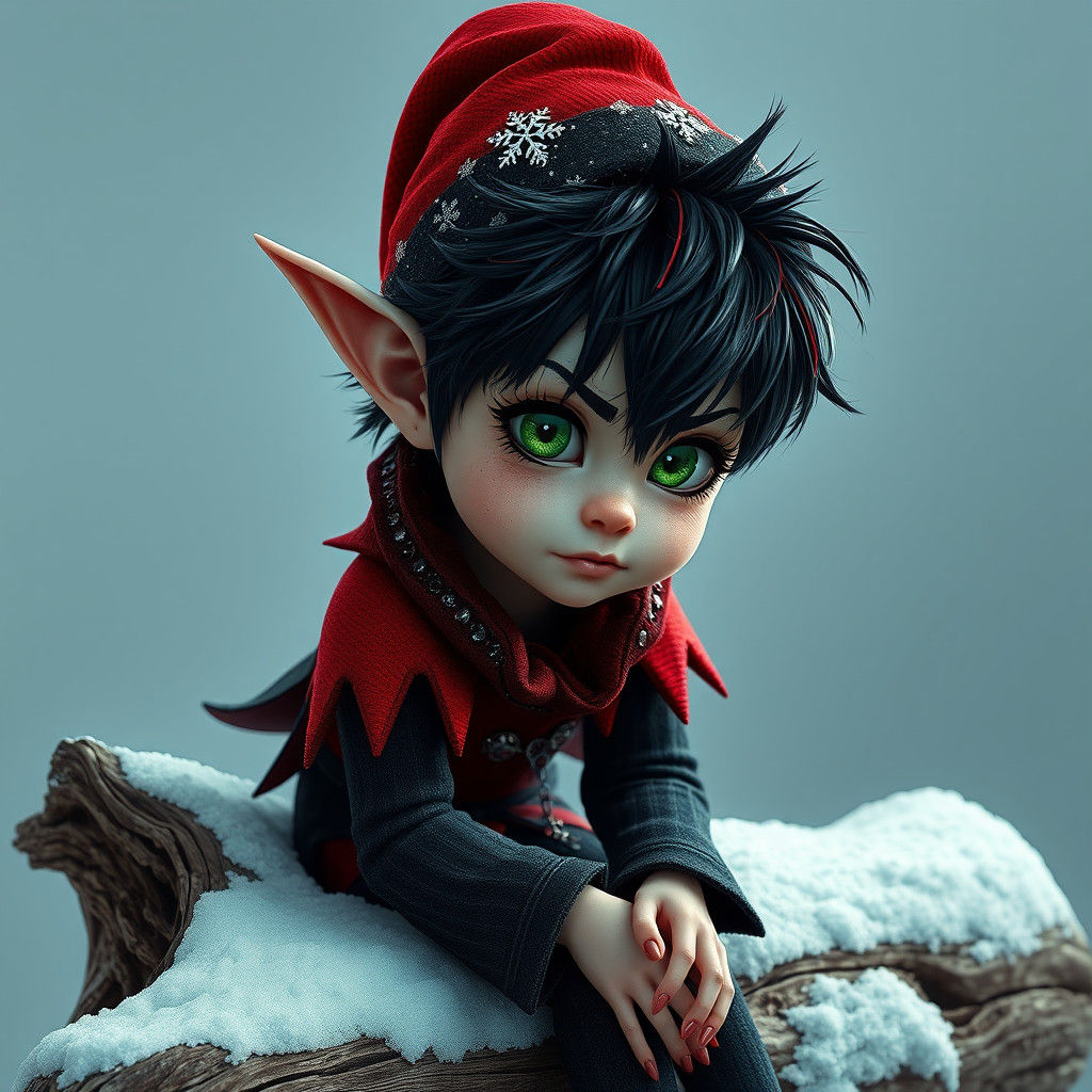 gothic Christmas Elf, with black and red hair done in Textur...