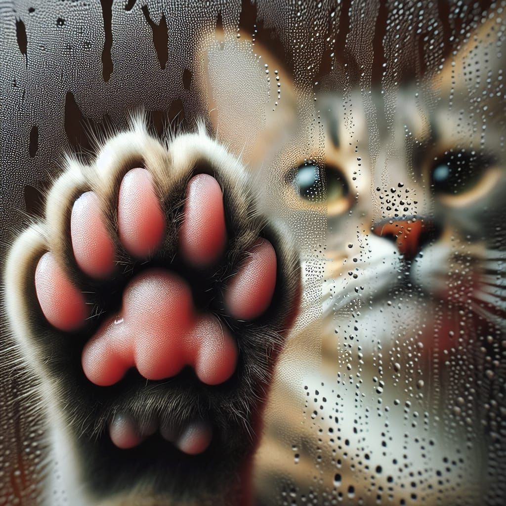 Feline Paw Reaching Through Condensation Glass