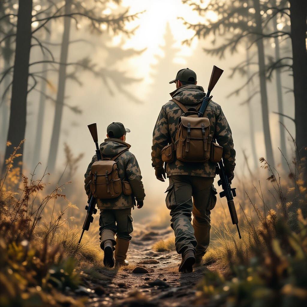 Father and Son Hunting in Misty Forest