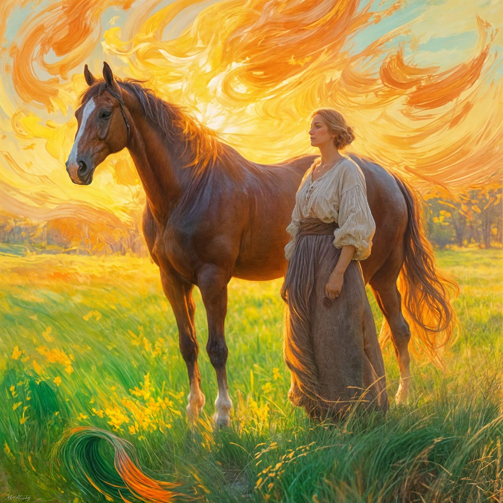 Radiant Meadow: Horse and Owner in Oil Painting