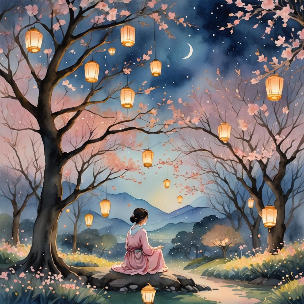 Tranquil Tea Garden Dreamscape in Watercolor Style