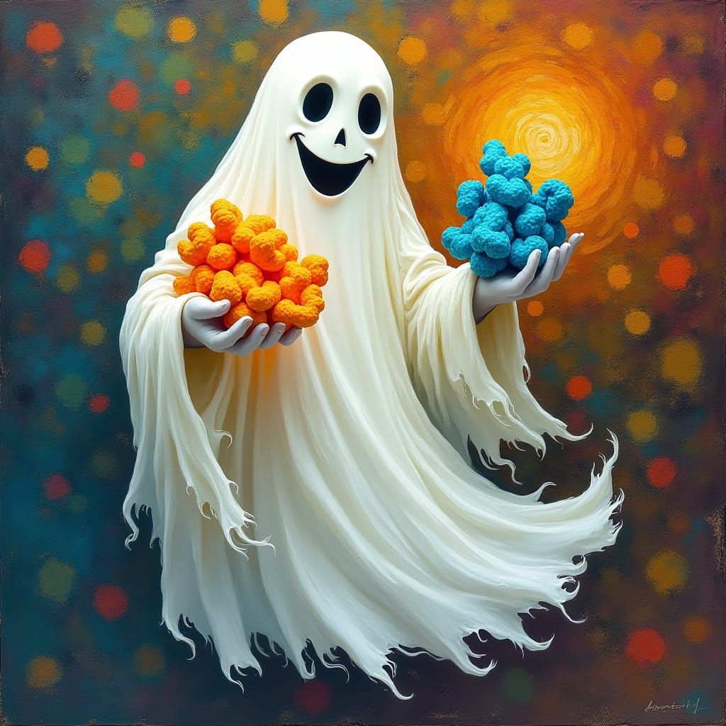 Ghost Holding Snacks in a Whimsical Style