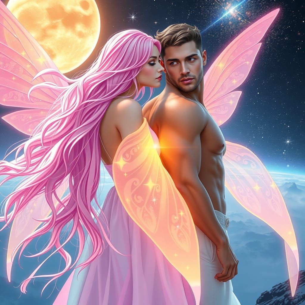 Ethereal Lovers in a Celestial Galaxy Landscape