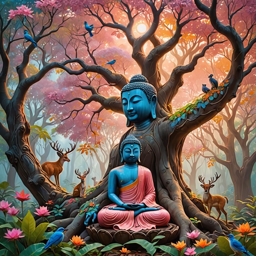 Buddha Under Bodhi Tree in Misty Forest