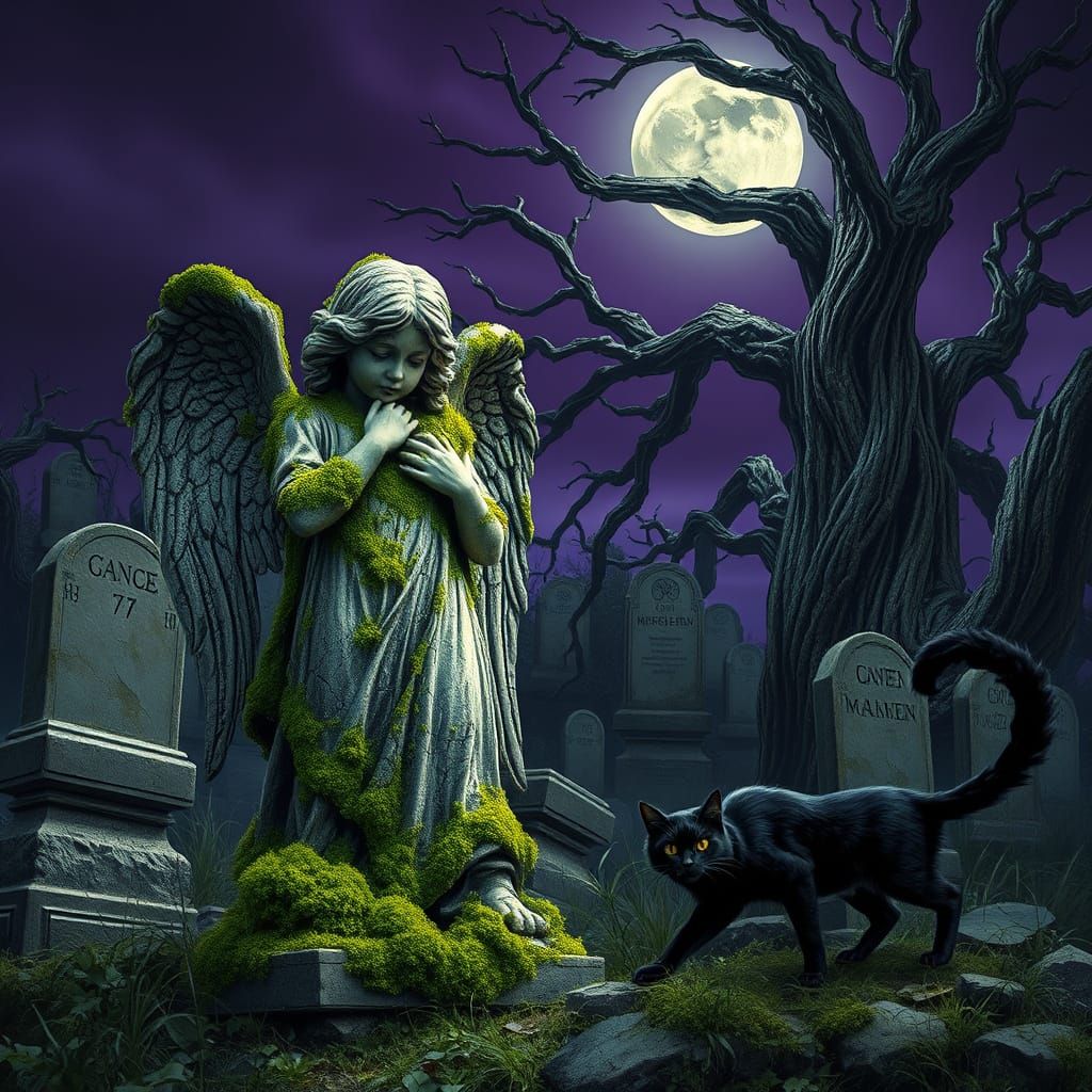 Weathered Angel Statue Amidst Eerie Moonlit Cemetery
