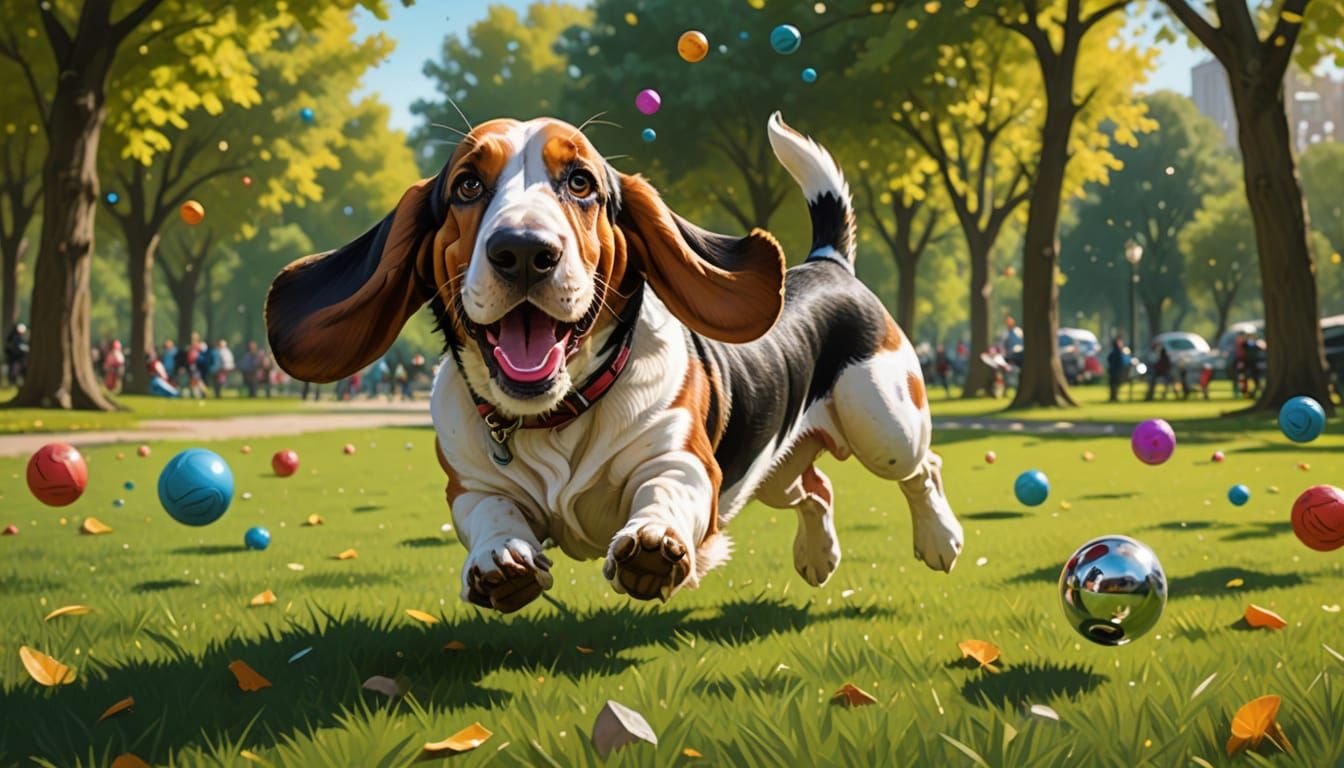 Playful Basset Hound Chasing Balls in Vibrant Digital Painti...