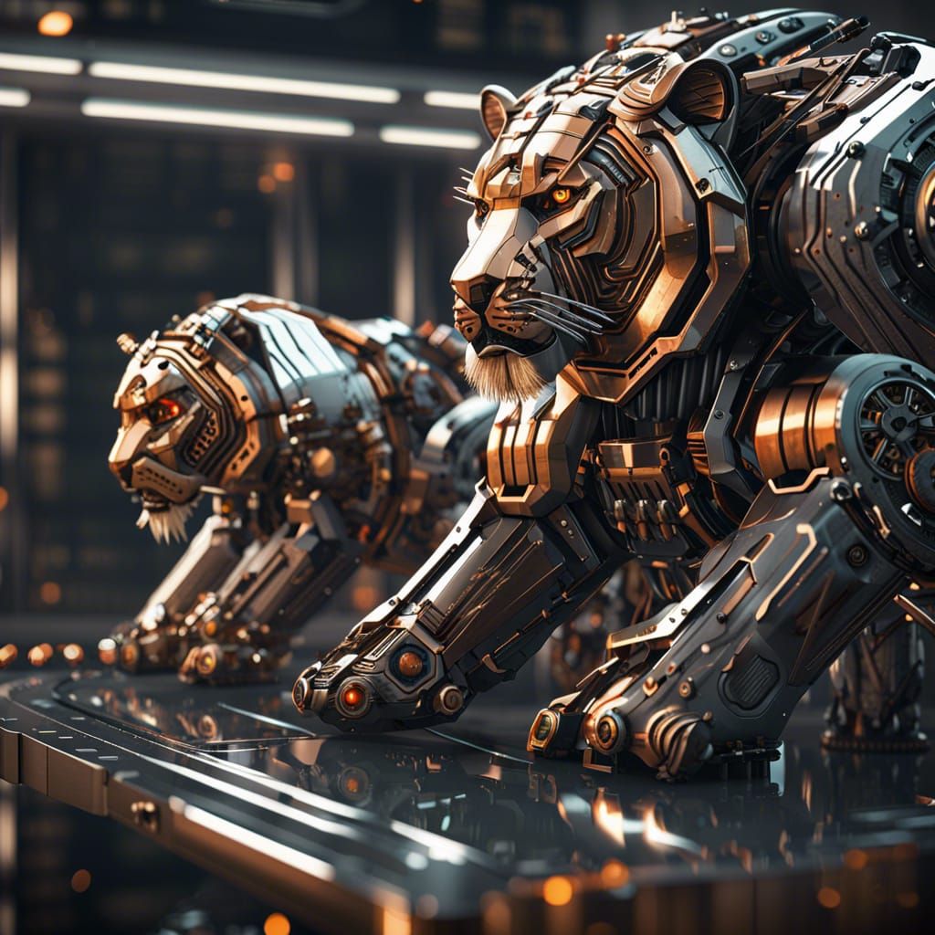 Futuristic Mech Lion and Tiger in Sci-Fi Style