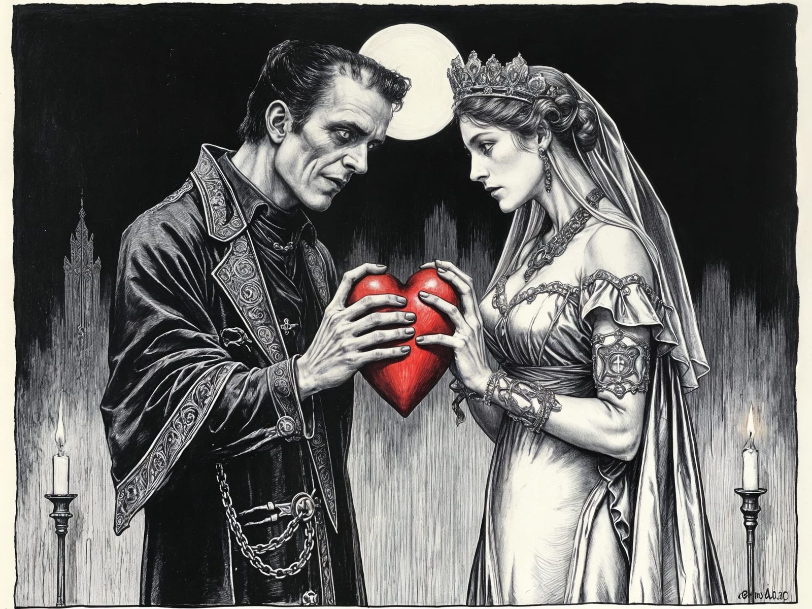 Frankenstein and Bride Share a Heart in Eldritch Art Nouveau...