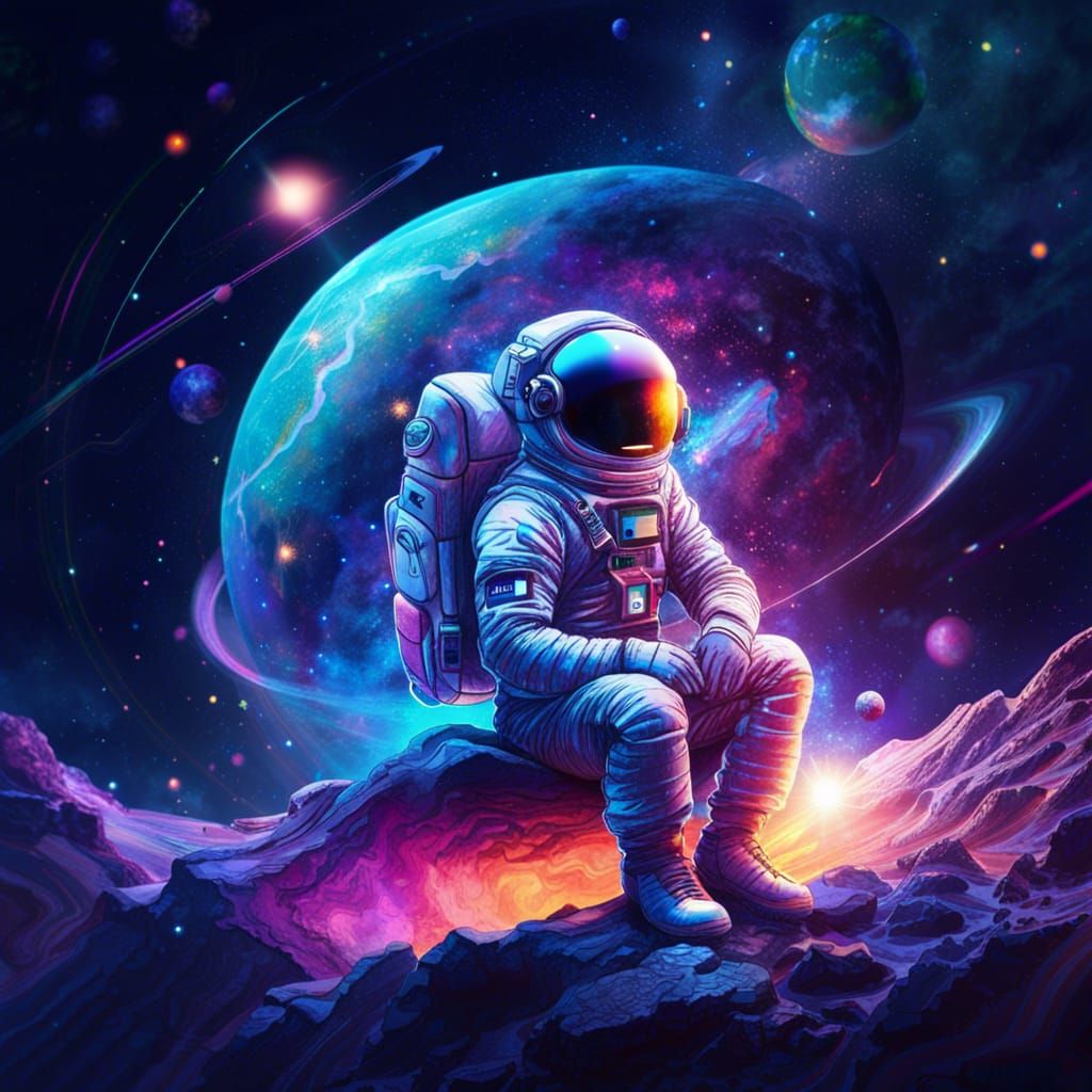 Astronaut Contemplates Space in Holographic Illustration