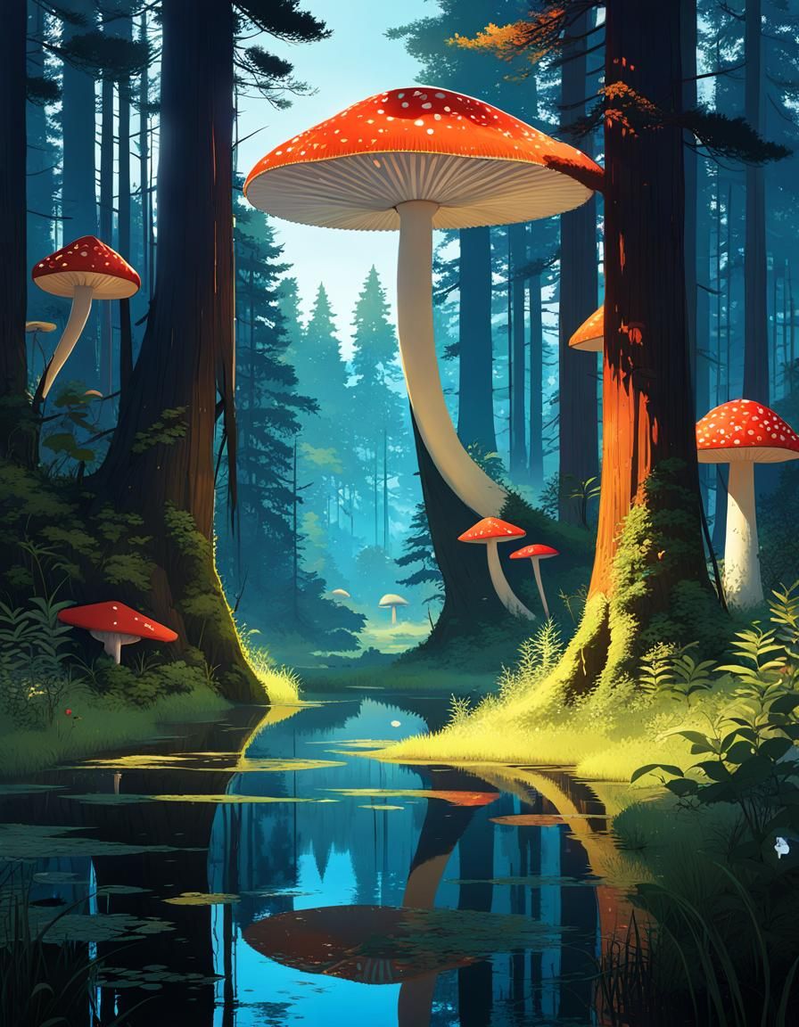 Redwood Forest Swamp: Anime Style Digital Illustration
