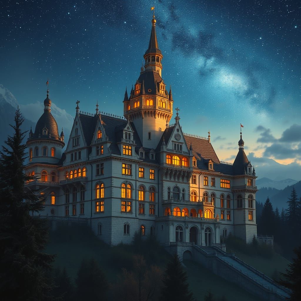 Bavarian Castle Under Starry Night Sky