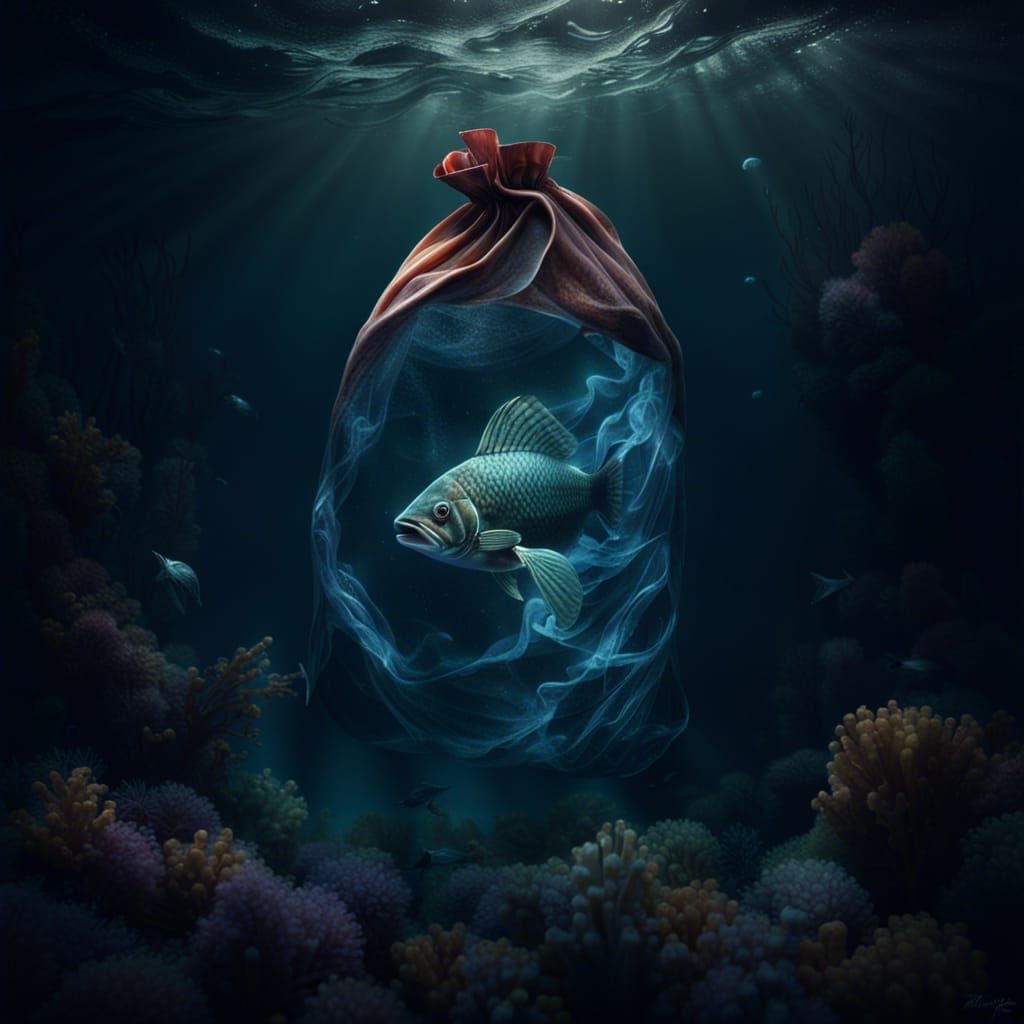 Plastic Bag Fish in Deep Sea: Digital Matte Painting