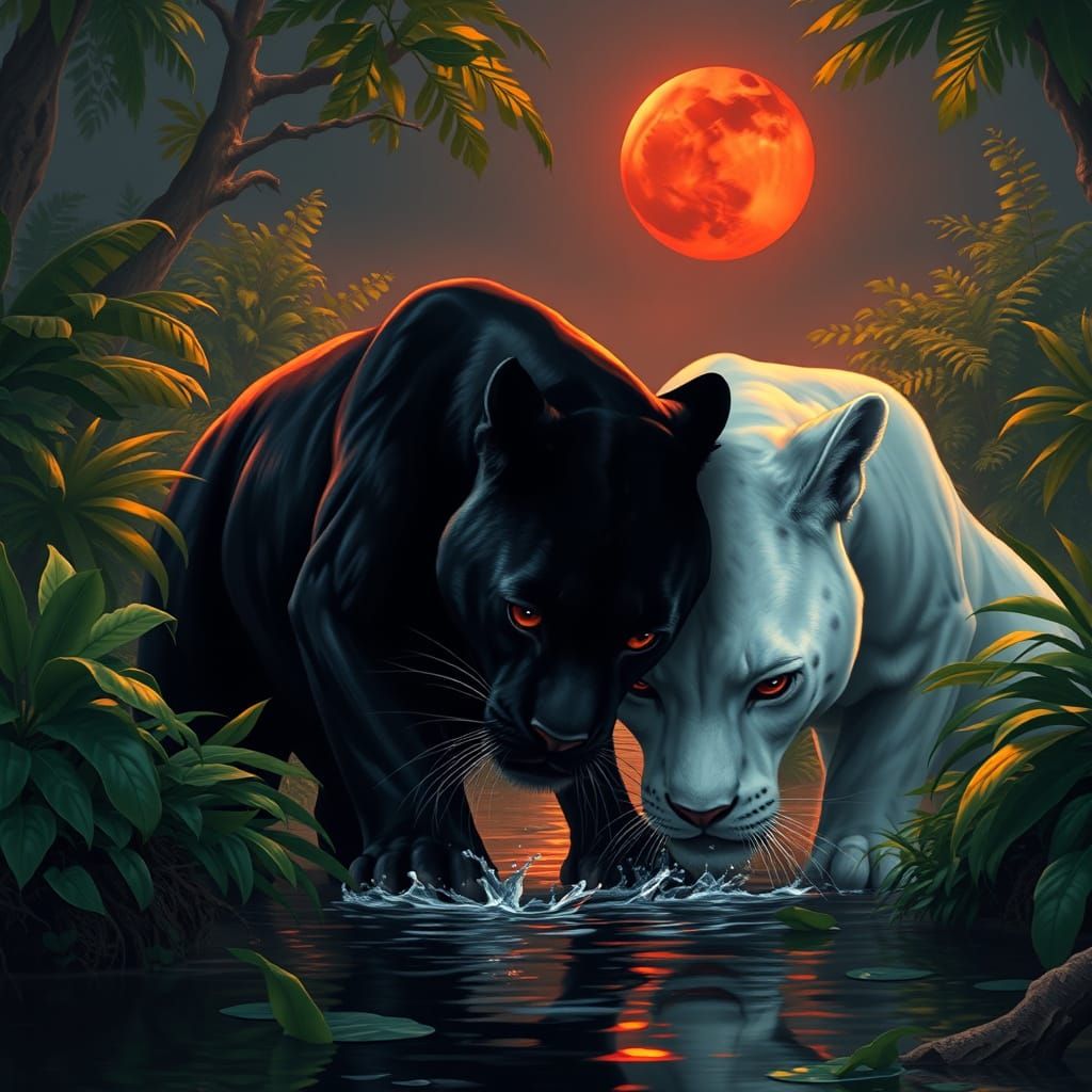 Panthers Under a Red Moon in Dreamlike Style