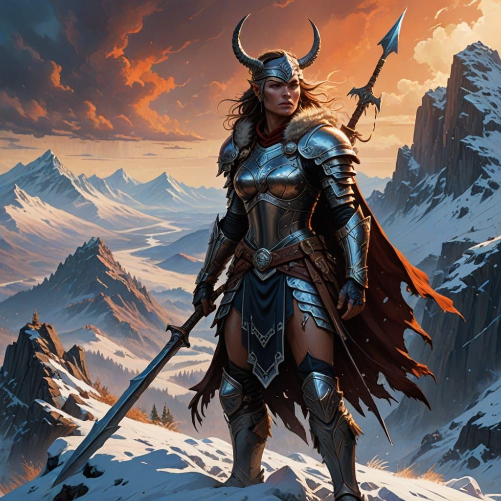Valkyrie Warrior on Mountain Peak in Fantasy Art