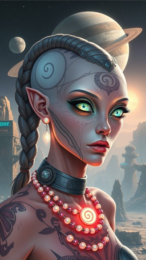 Alien Woman with Tattoos in Sci-Fi Landscape