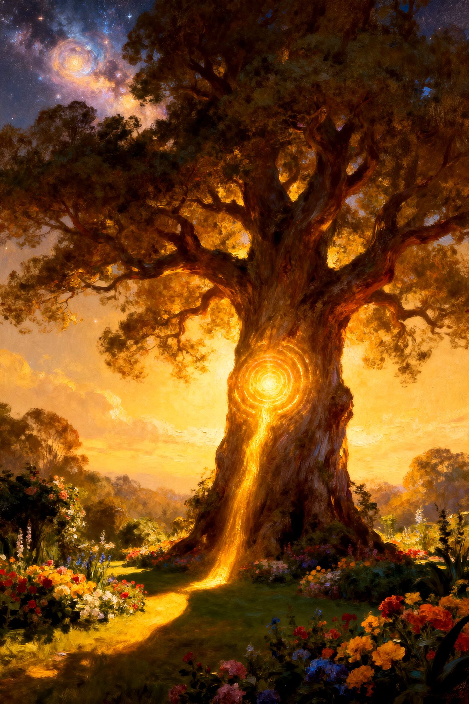 Giant Life-Giving Tree Illuminates Vibrant Gardens