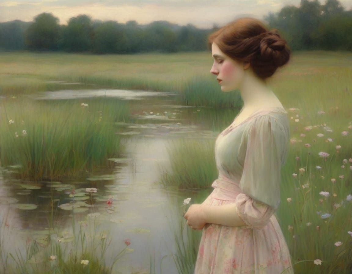 Romantic Woman in Field, Waterhouse Style