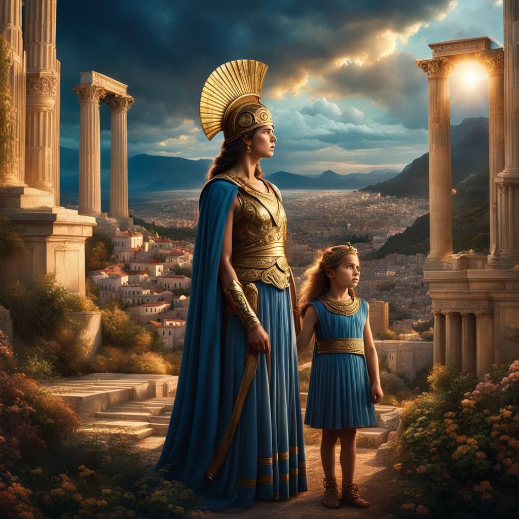 Athena and Daughter: Epic Digital Goddess Art