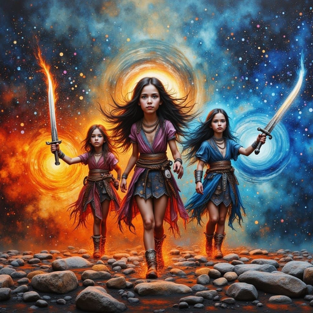 Three Friends Drawing Elemental Swords