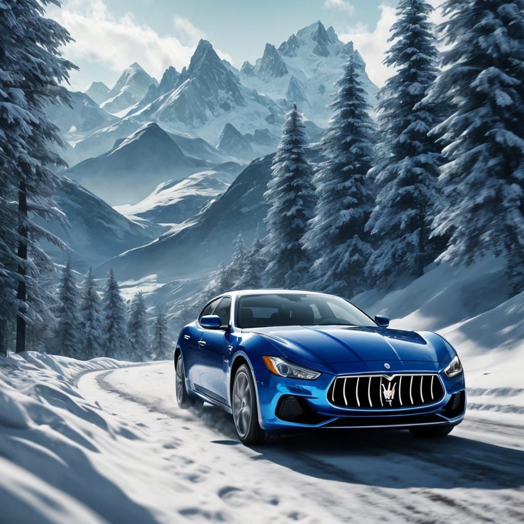 Luxurious Maserati Conquers Snowy Peaks in Vibrant Fantasy A...
