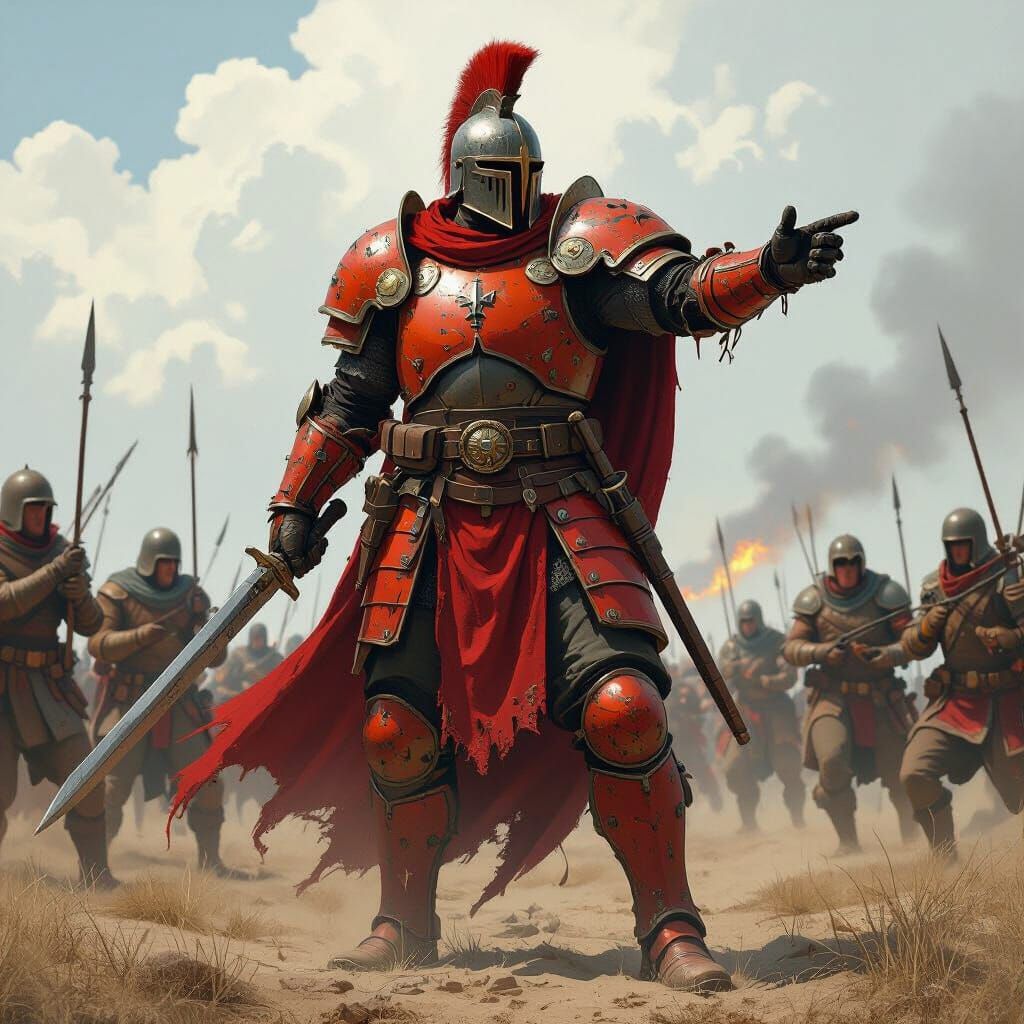 Regal Soldier Leading Troops in Dramatic Battle Style
