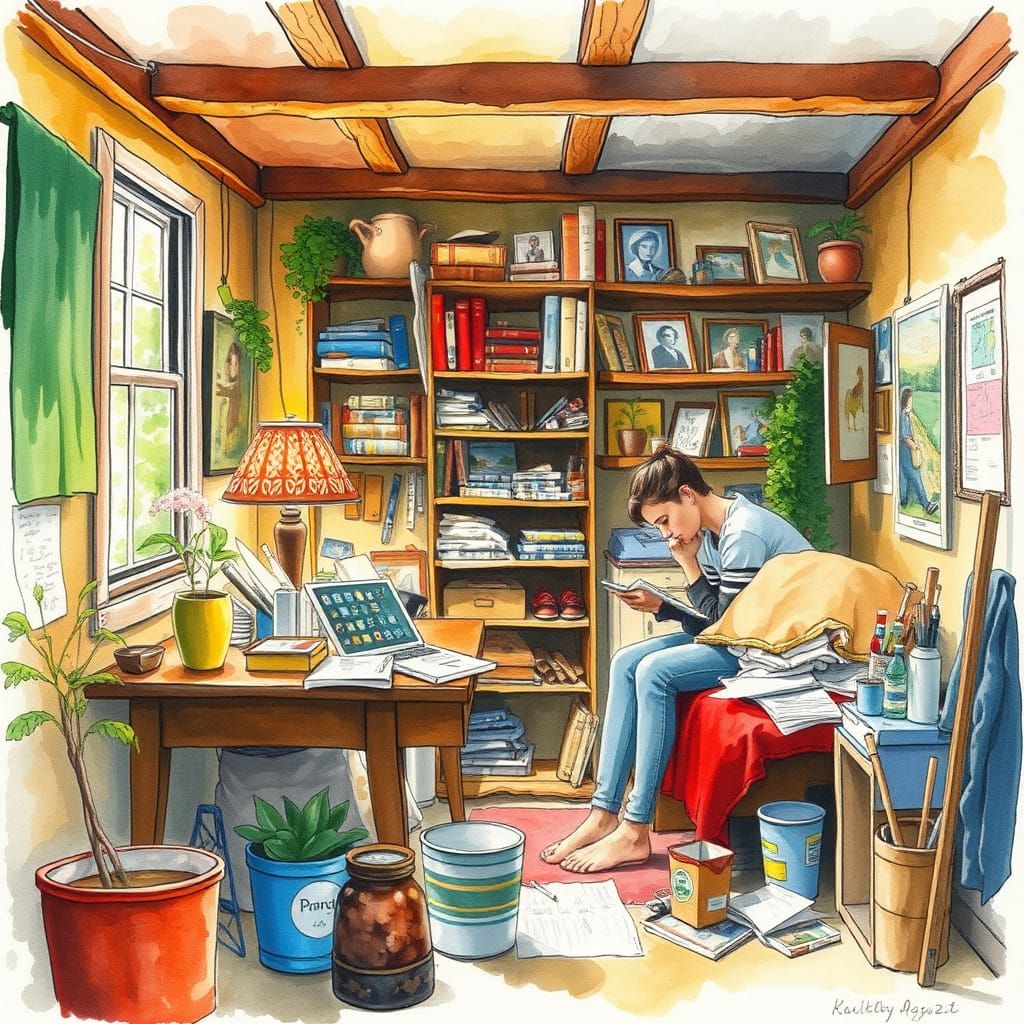 Messy Student Abode in Watercolor Style