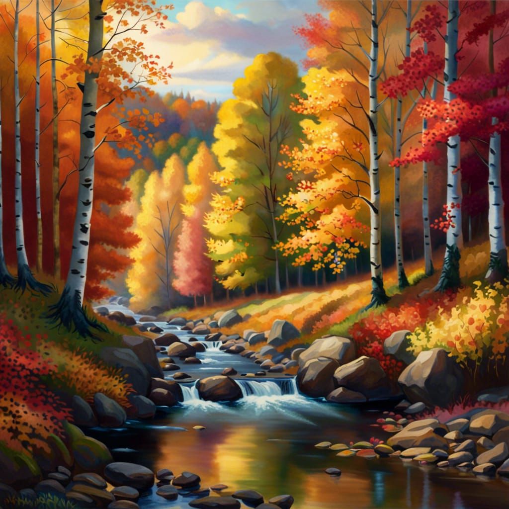 Colorful Autumn Forest River in Academic Art Style