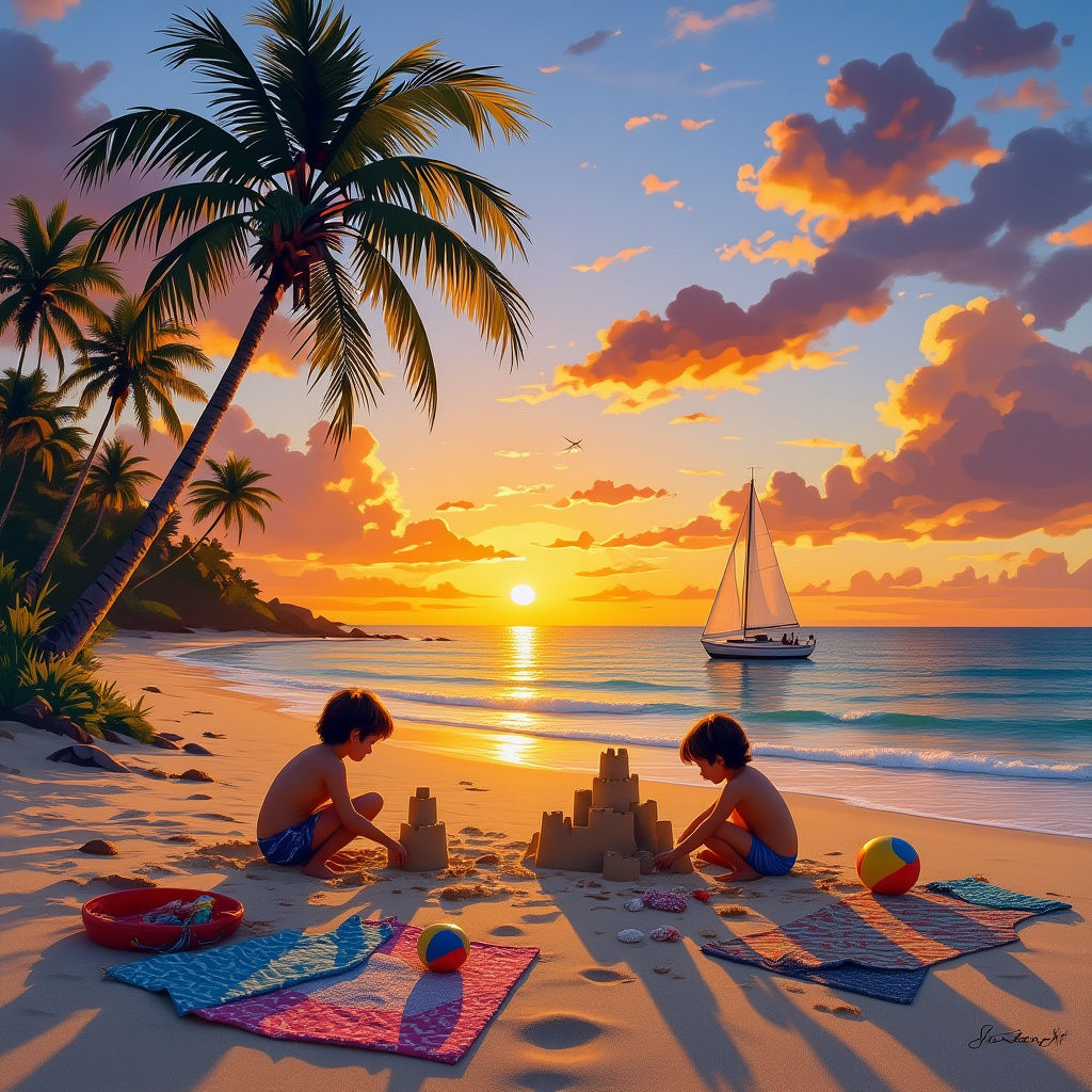Serene Beach Sunset with Sandcastles: Realistic Summer Scene