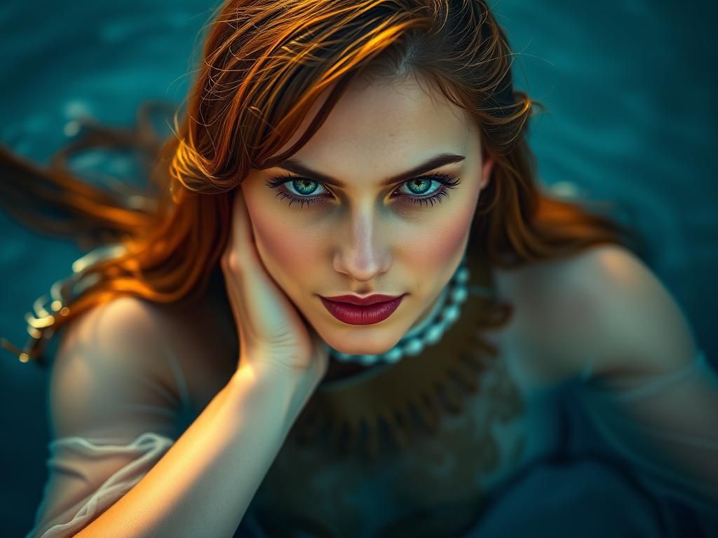 Woman in Glowing Light Blue Puddle: Hyperrealistic HDR