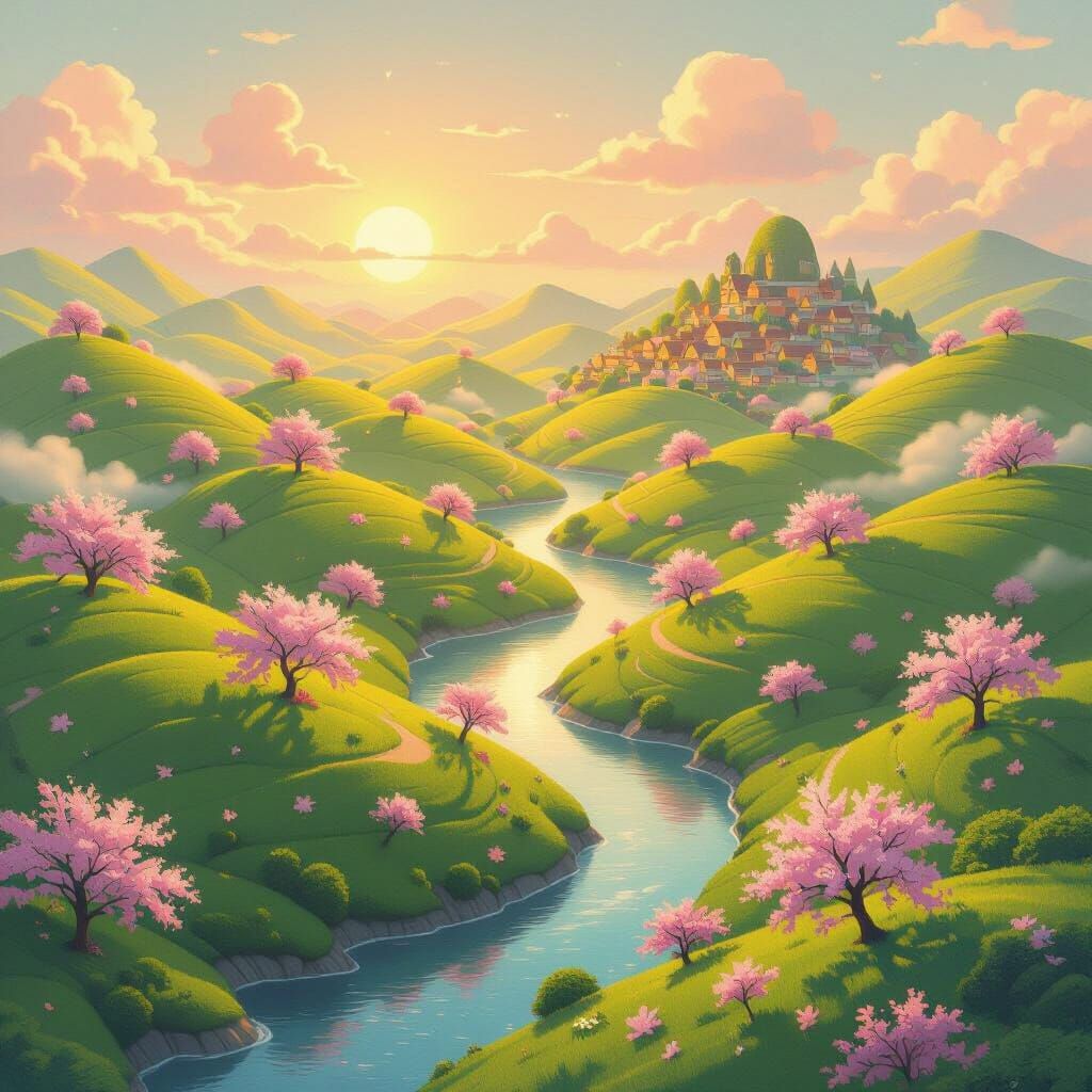 Whimsical Ghibli-Style Landscape with Floating Islands